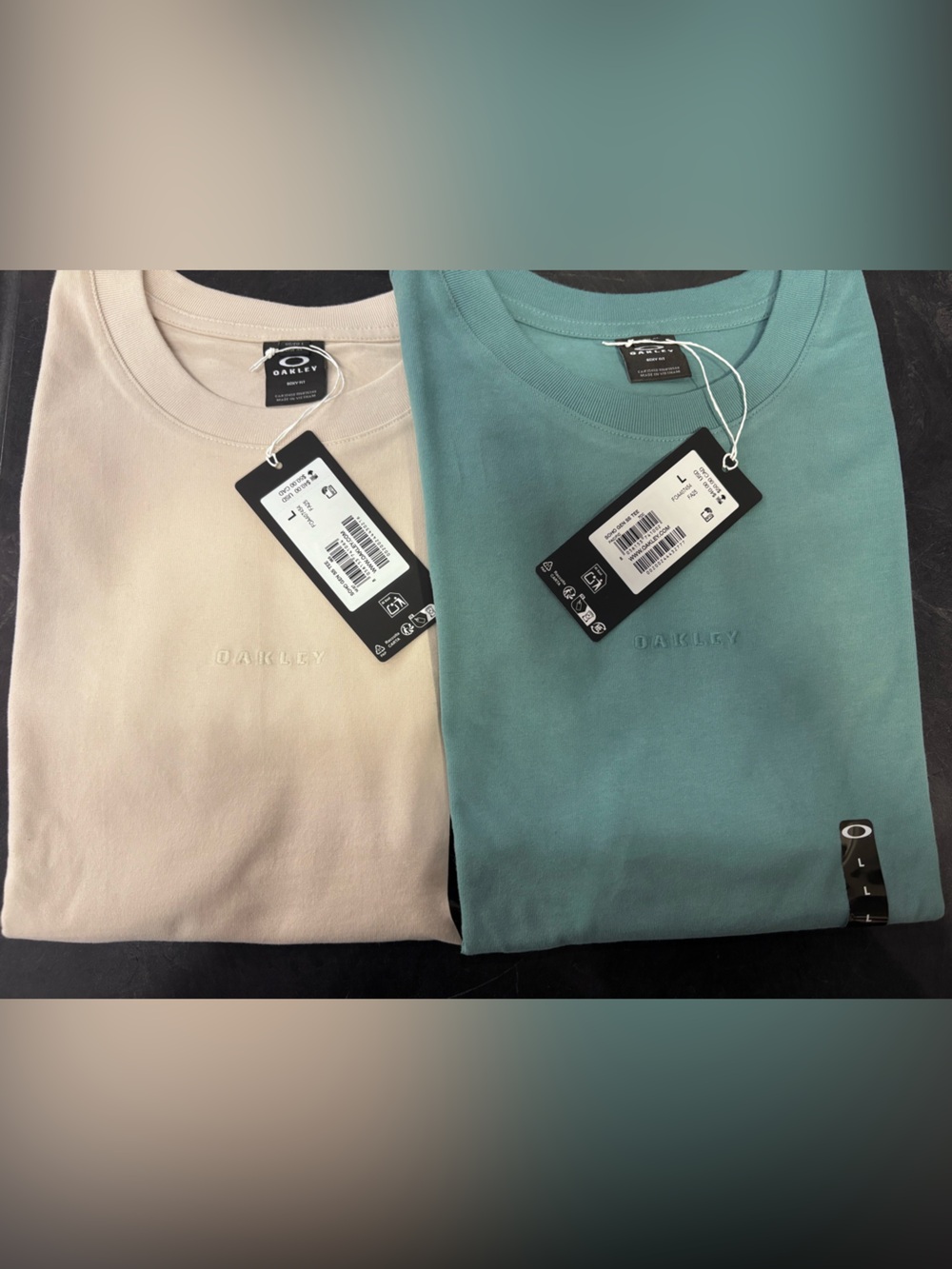 Oakley Embroidered Logo Crew Tee in Soft Teal and Cream Tag